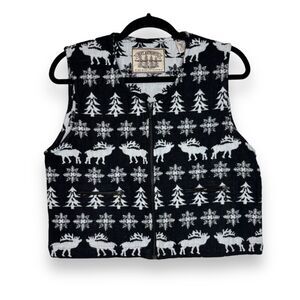 VTG Best Authentic Vest Black Large Moose Snowflake Full Zip Winter White Crop